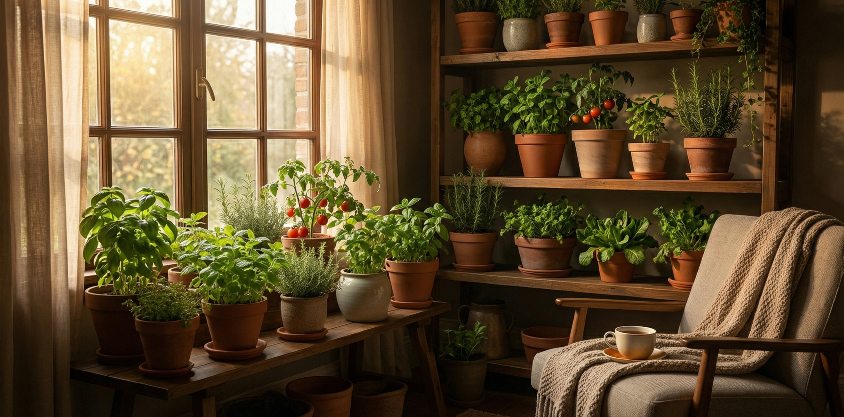 Bright indoor space filled with lush edible plants and natural light